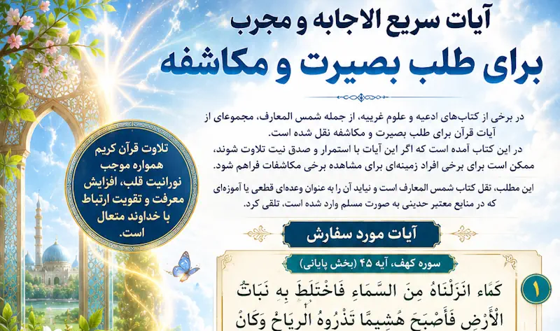 آیات سریع الاجابه برای طلب بصیرت و دیدن مکشوفات + متن آیات و روش انجام آیات سریع الاجابه برای طلب بصیرت و دیدن مکشوفات + متن آیات و روش انجام
