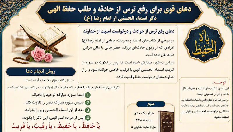 دعای رفع ترس از حادثه و حفظ از خطر | ذکر اسماء الحسنی از امام رضا (ع) دعای رفع ترس از حادثه و حفظ از خطر | ذکر اسماء الحسنی از امام رضا (ع)