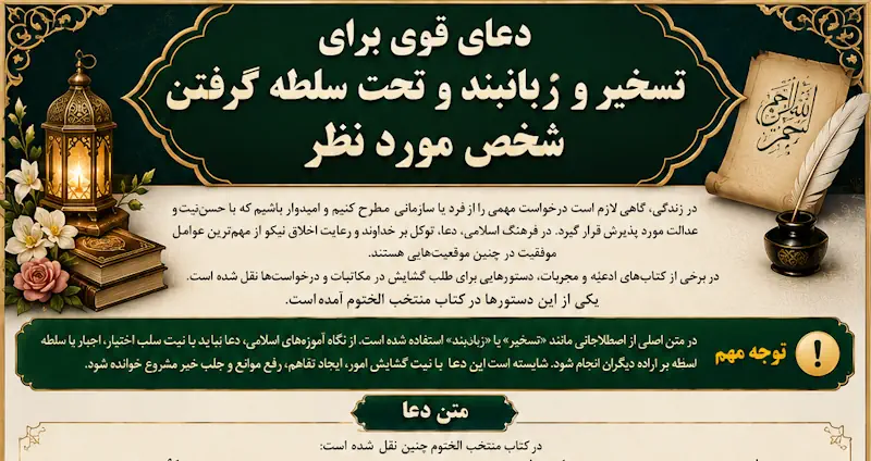 دعای قوی برای تسخیر و زبانبند و تحت سلطه گرفتن شخص مورد نظر دعای قوی برای تسخیر و زبانبند و تحت سلطه گرفتن شخص مورد نظر