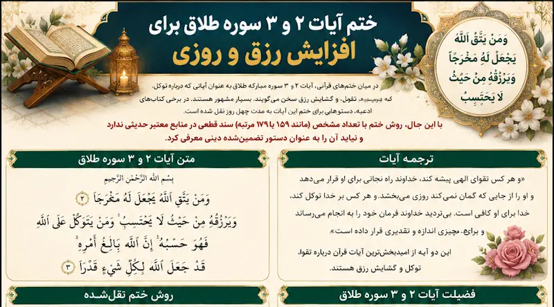 ختم آیات ۲ و ۳ سوره طلاق برای افزایش رزق و روزی | روش ختم، متن آیات و فضیلت ختم آیات ۲ و ۳ سوره طلاق برای افزایش رزق و روزی | روش ختم، متن آیات و فضیلت