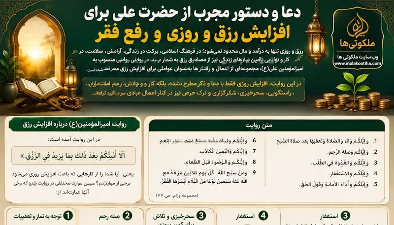 دعا و دستور مجرب از حضرت علی برای افزایش رزق و روزی و رفع فقر دعا و دستور مجرب از حضرت علی برای افزایش رزق و روزی و رفع فقر