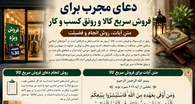 دعای مجرب برای فروش سریع کالا و رونق فروش مغازه | متن آیات، روش انجام و فضیلت دعای مجرب برای فروش سریع کالا و رونق فروش مغازه | متن آیات، روش انجام و فضیلت