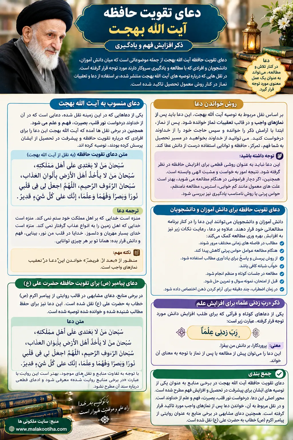 دعای تقویت حافظه آیت الله بهجت برای افزایش فهم و علم و رفع فراموشی دعای تقویت حافظه آیت الله بهجت برای افزایش فهم و علم و رفع فراموشی